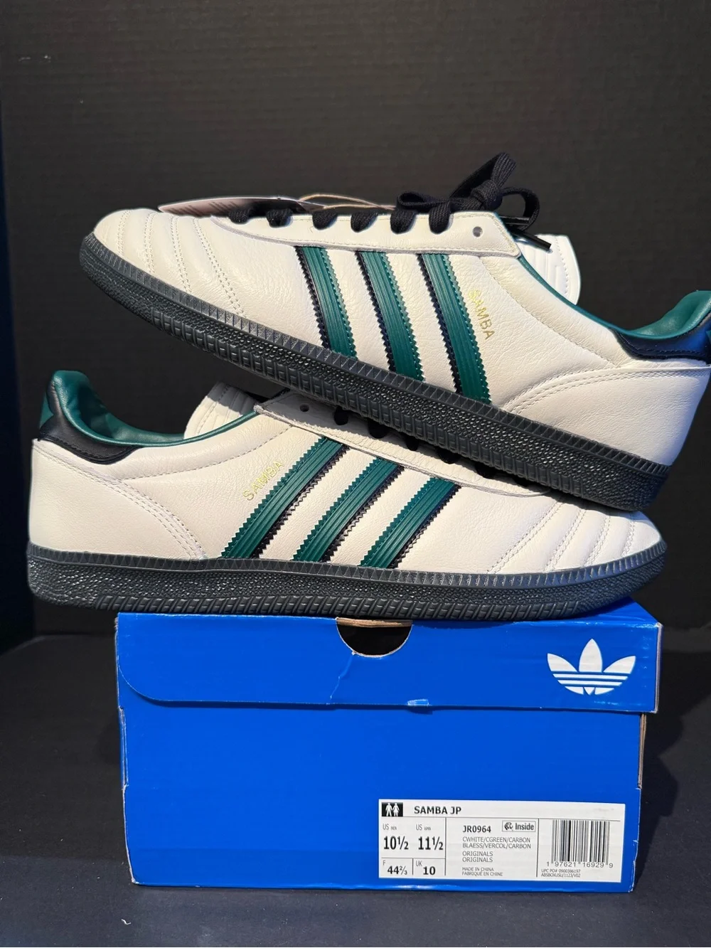 adidas Samba Leather Sneaker - White with Dark Green Stripes and Black Sole